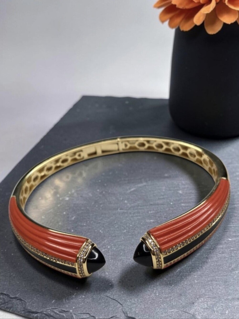 18k Gold Plated Ribbed Tangerine Lucite Onyx Enamel Zircon Crystal Bracelet